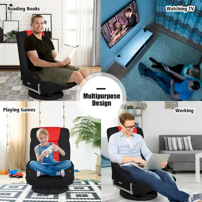 Chaise de sol pliable pivotante à 360° | Dossier réglable sur 5 positions | Pour jeux, lecture, détente | 4 coloris
