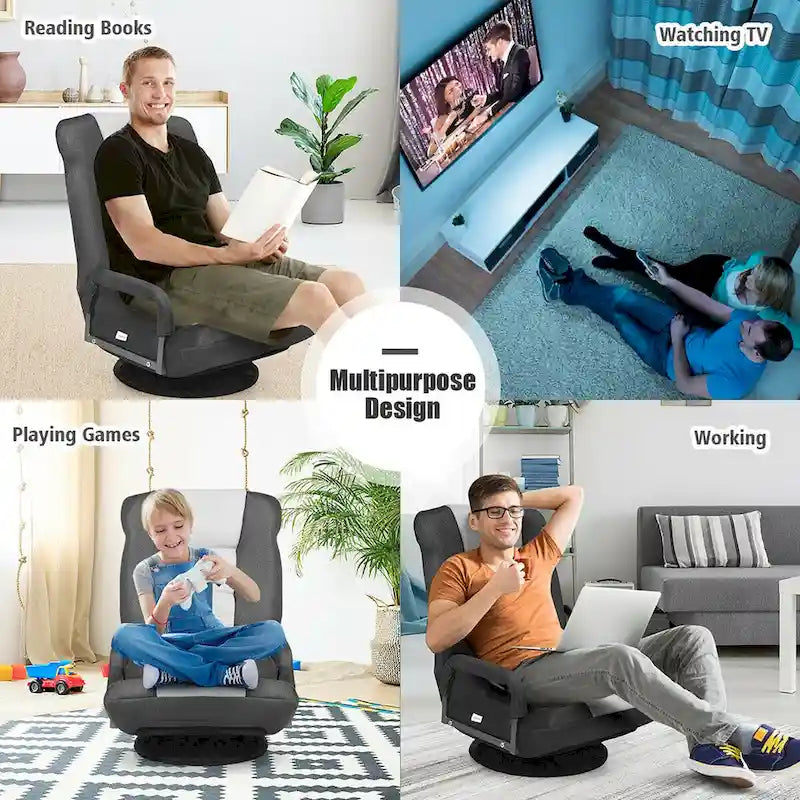 Chaise de sol pliable pivotante à 360° | Dossier réglable sur 5 positions | Pour jeux, lecture, détente | 4 coloris