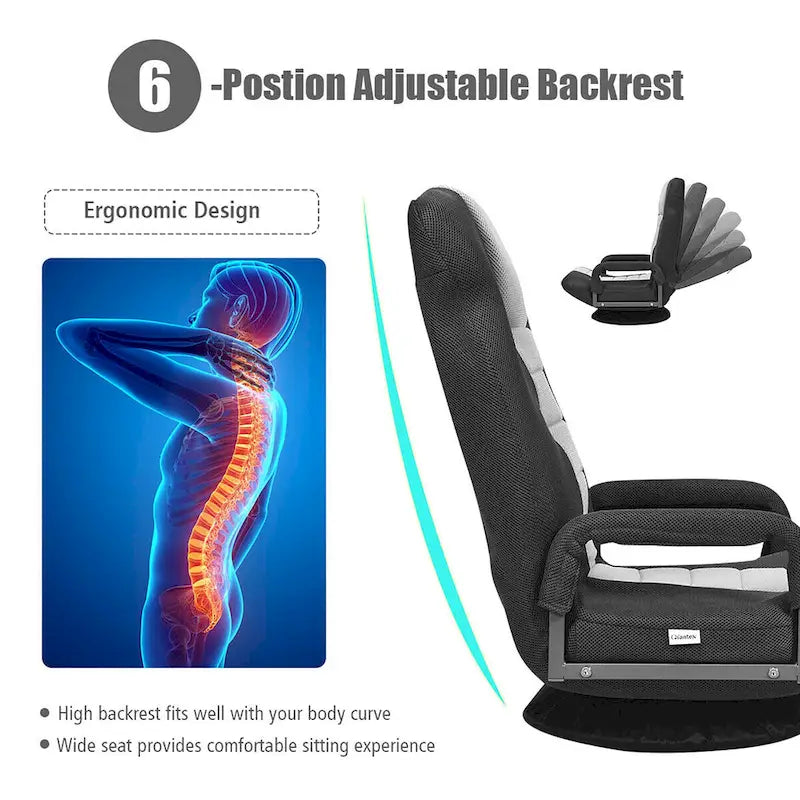 Chaise de sol pliable pivotante à 360° | Dossier réglable sur 5 positions | Pour jeux, lecture, détente | 4 coloris