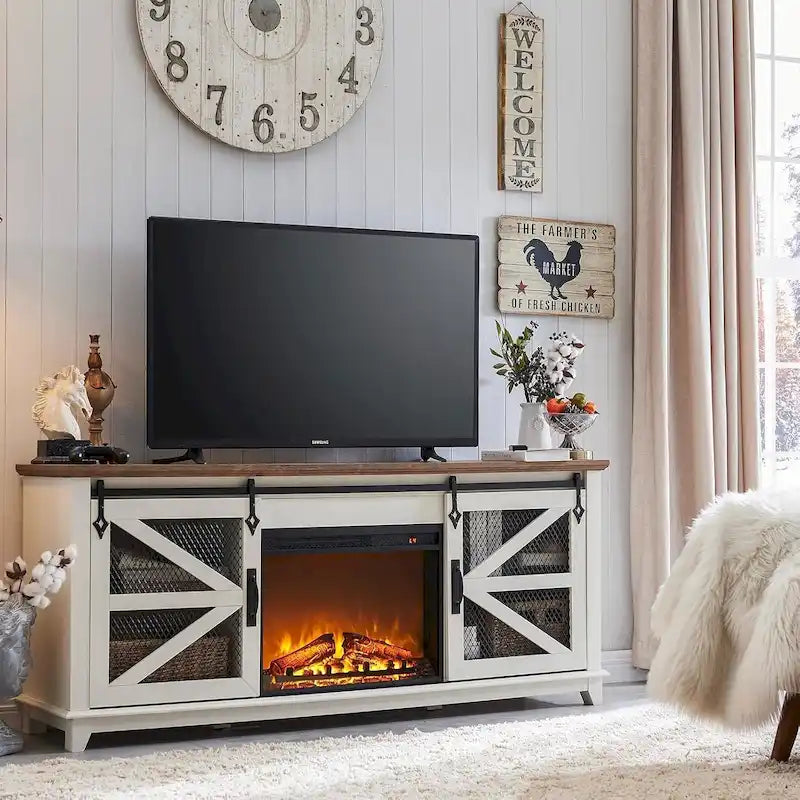 Meuble TV de cheminée électrique de 168 cm avec portes de grange coulissantes — Meuble de divertissement