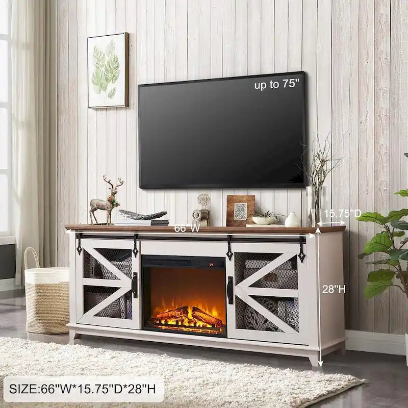 Meuble TV de cheminée électrique de 168 cm avec portes de grange coulissantes — Meuble de divertissement