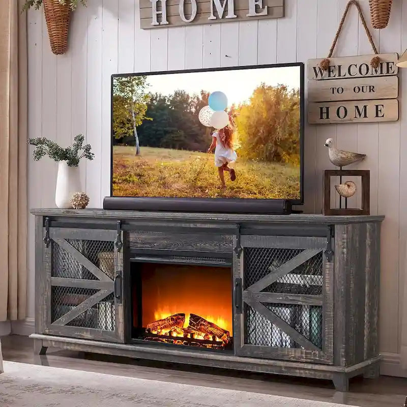 Meuble TV de cheminée électrique de 168 cm avec portes de grange coulissantes — Meuble de divertissement