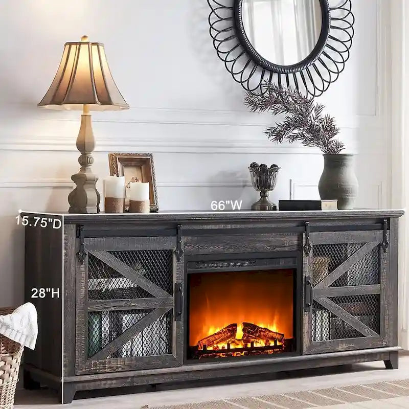 Meuble TV de cheminée électrique de 168 cm avec portes de grange coulissantes — Meuble de divertissement