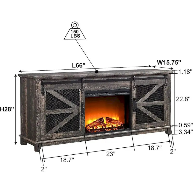 Meuble TV de cheminée électrique de 168 cm avec portes de grange coulissantes — Meuble de divertissement
