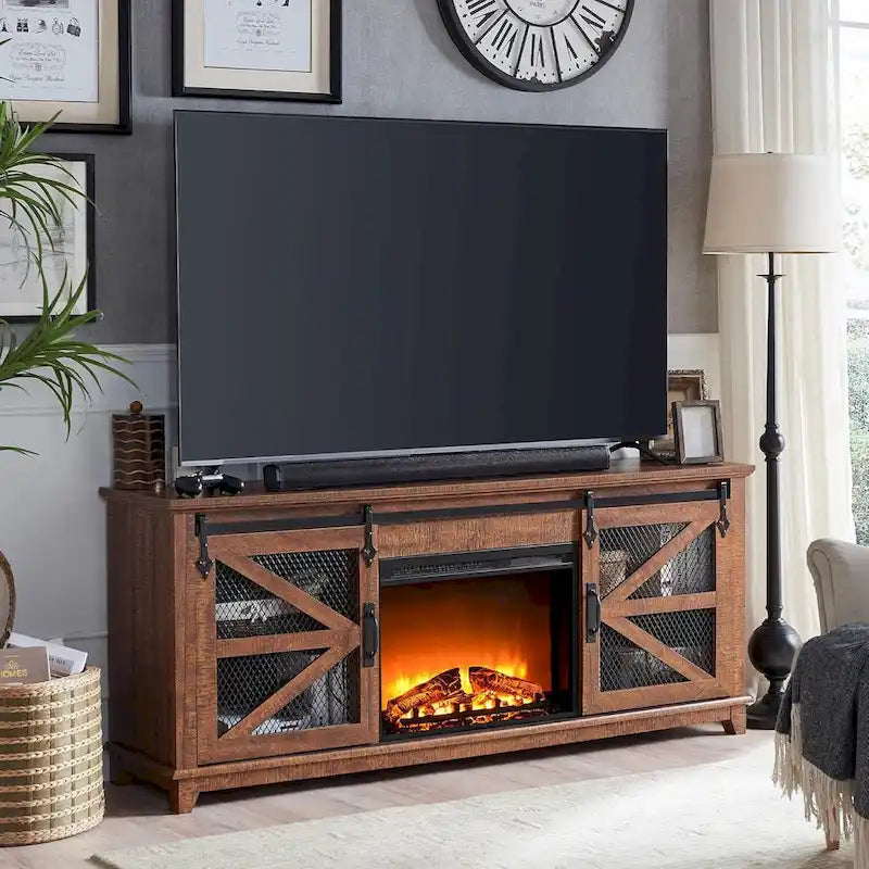 Meuble TV de cheminée électrique de 168 cm avec portes de grange coulissantes — Meuble de divertissement
