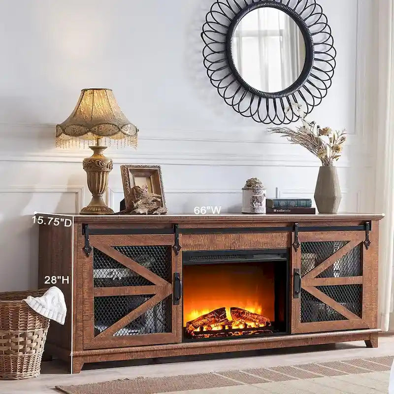 Meuble TV de cheminée électrique de 168 cm avec portes de grange coulissantes — Meuble de divertissement