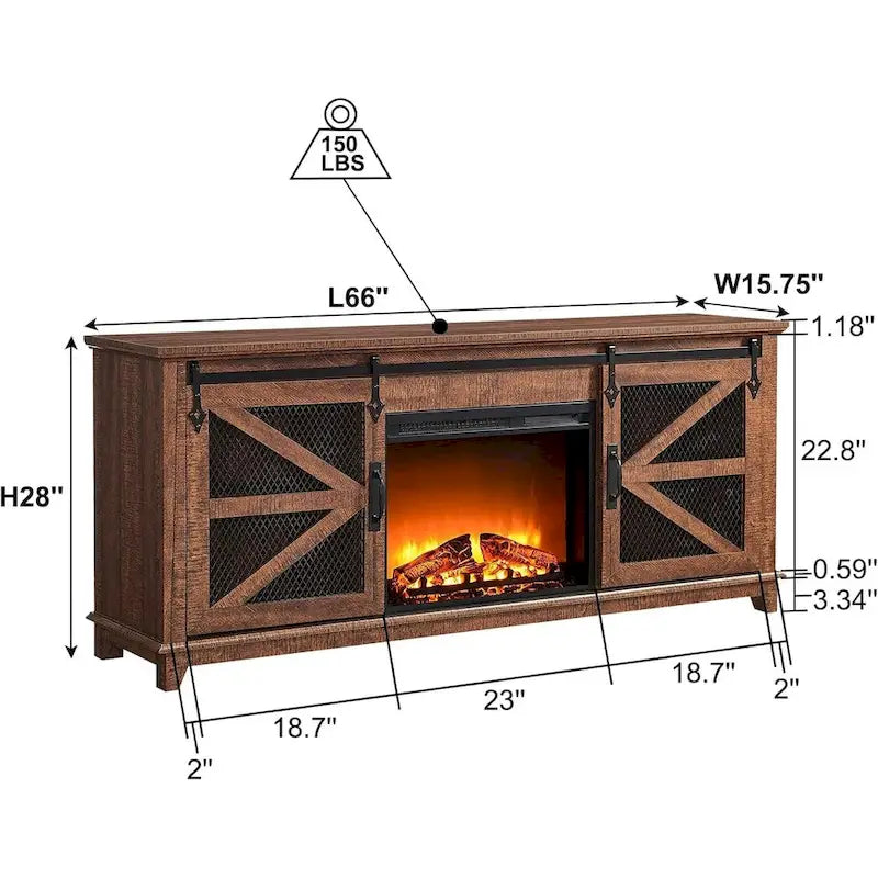 Meuble TV de cheminée électrique de 168 cm avec portes de grange coulissantes — Meuble de divertissement