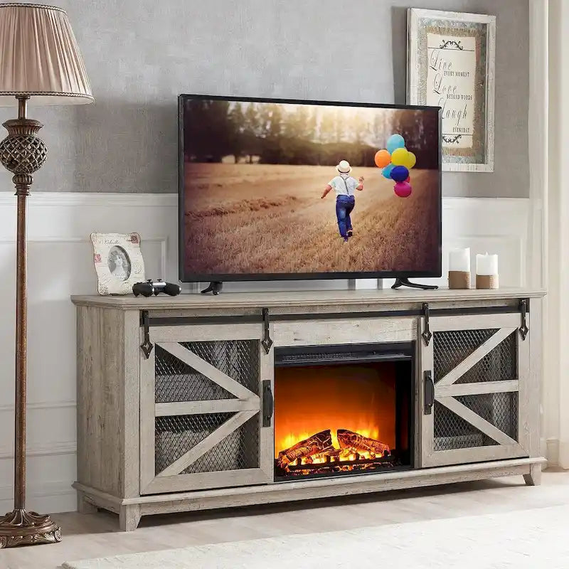 Meuble TV de cheminée électrique de 168 cm avec portes de grange coulissantes — Meuble de divertissement