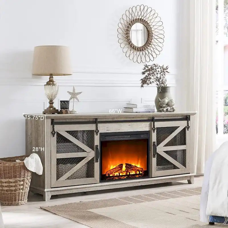 Meuble TV de cheminée électrique de 168 cm avec portes de grange coulissantes — Meuble de divertissement