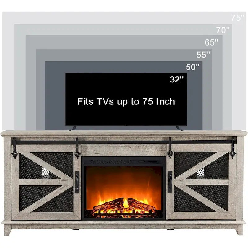 Meuble TV de cheminée électrique de 168 cm avec portes de grange coulissantes — Meuble de divertissement