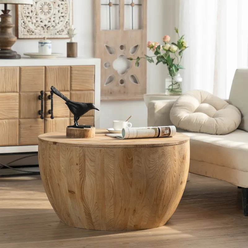 Table basse vintage en forme de tonneau avec rangement dissimulé — Bois de sapin massif