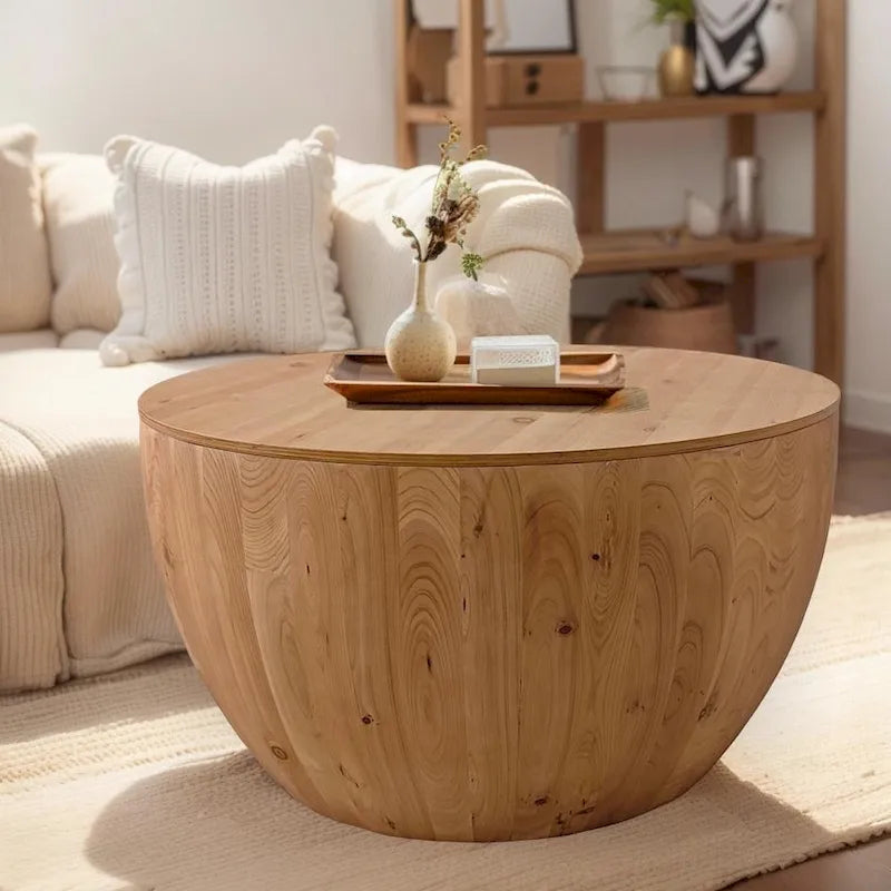 Table basse vintage en forme de tonneau avec rangement dissimulé — Bois de sapin massif