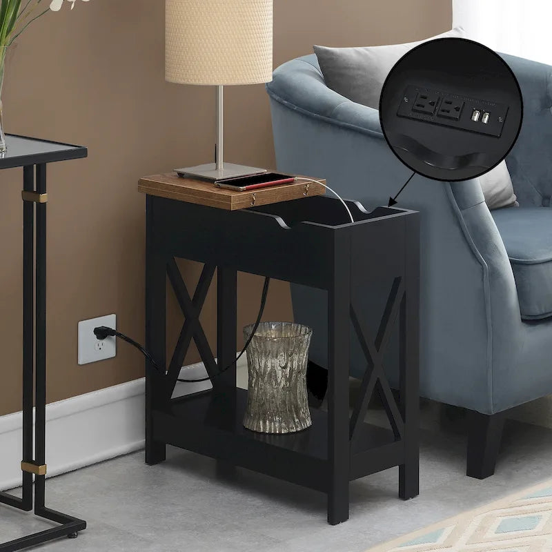 Table d'appoint relevable avec station de recharge intégrée et étagère | Ports USB | Finition multi-tons