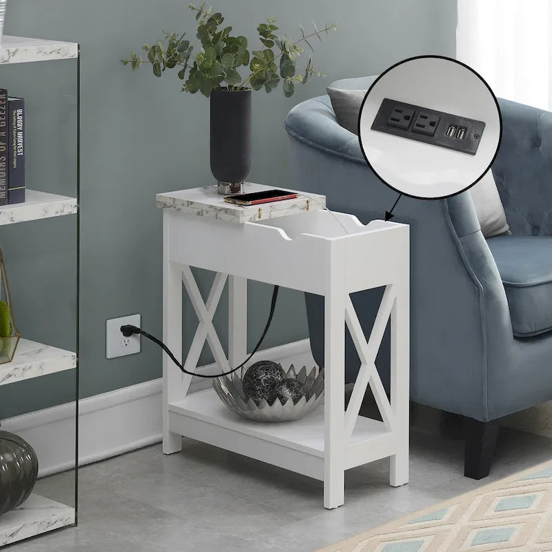 Table d'appoint relevable avec station de recharge intégrée et étagère | Ports USB | Finition multi-tons