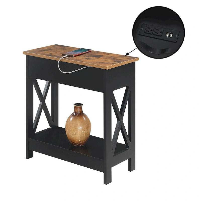 Table d'appoint relevable avec station de recharge intégrée et étagère | Ports USB | Finition multi-tons
