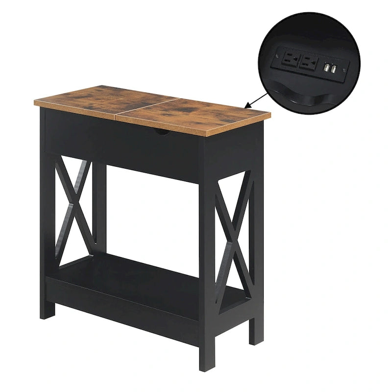 Table d'appoint relevable avec station de recharge intégrée et étagère | Ports USB | Finition multi-tons
