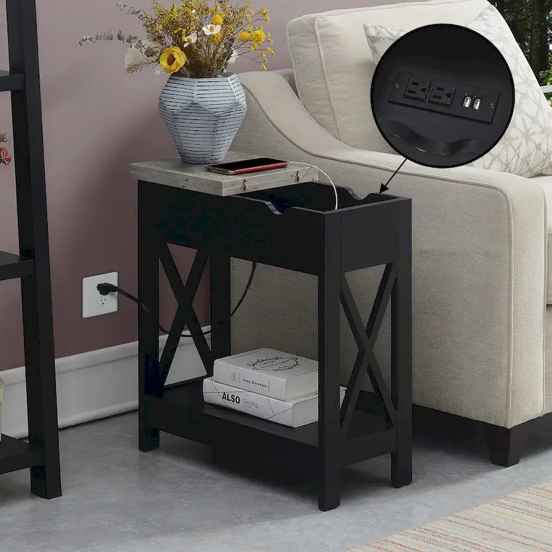 Table d'appoint relevable avec station de recharge intégrée et étagère | Ports USB | Finition multi-tons