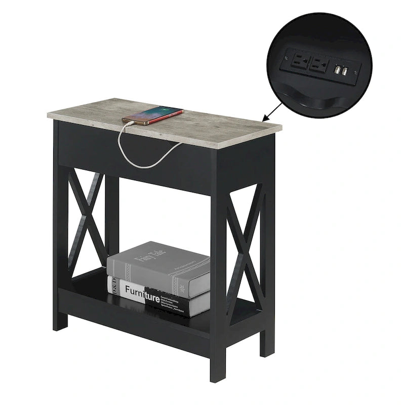 Table d'appoint relevable avec station de recharge intégrée et étagère | Ports USB | Finition multi-tons