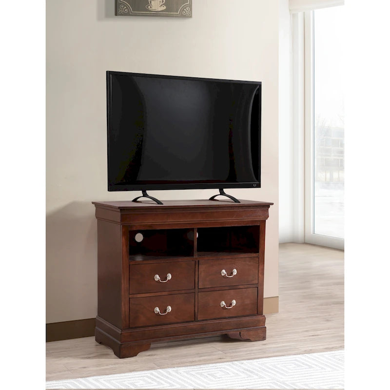 Meuble TV traditionnel en bois avec 4 tiroirs à queue d'aronde et 2 étagères — 8 couleurs