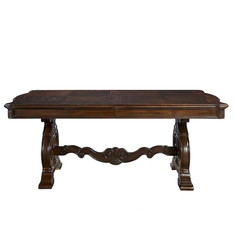 Table à manger extensible traditionnelle | Placage chêne cathédrale | Pied central sculpté | Noyer clair