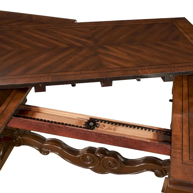 Table à manger extensible traditionnelle | Placage chêne cathédrale | Pied central sculpté | Noyer clair