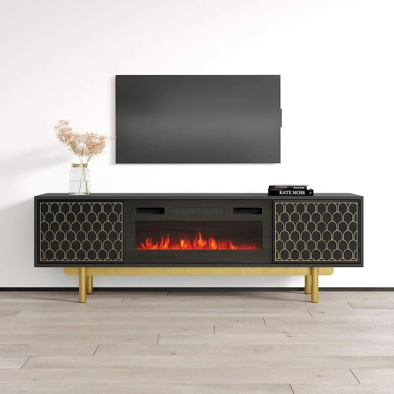 Meuble TV avec cheminée électrique | Convient aux téléviseurs jusqu'à 80" | Panneaux haute brillance | Télécommande | Noir ou blanc