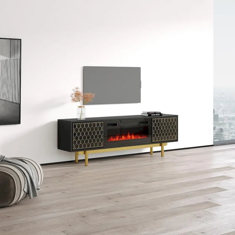 Meuble TV avec cheminée électrique | Convient aux téléviseurs jusqu'à 80" | Panneaux haute brillance | Télécommande | Noir ou blanc