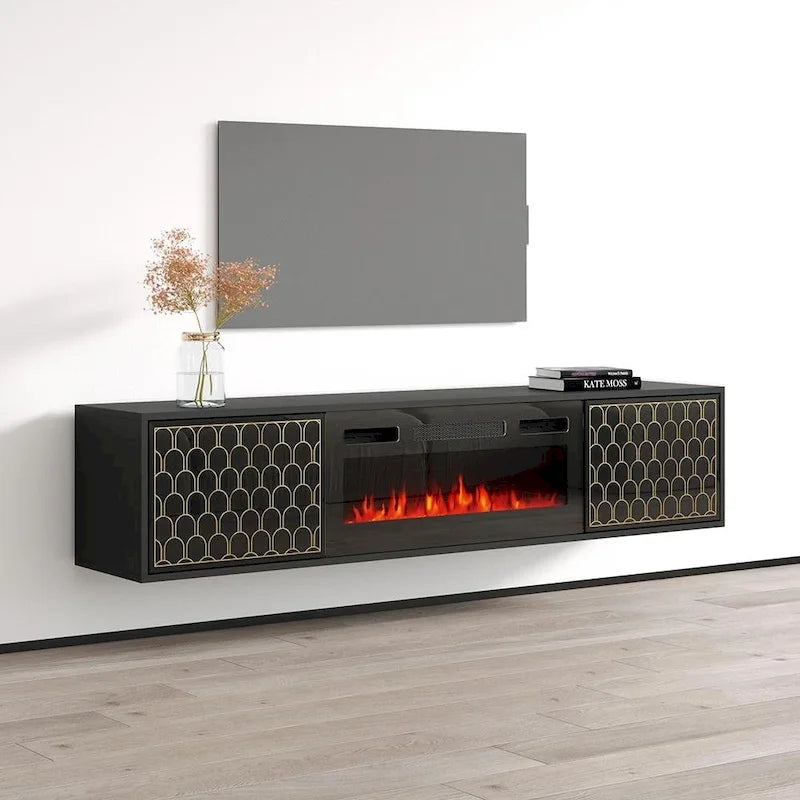 Meuble TV avec cheminée électrique | Convient aux téléviseurs jusqu'à 80" | Panneaux haute brillance | Télécommande | Noir ou blanc