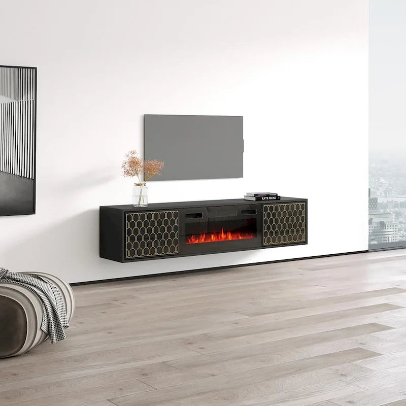 Meuble TV avec cheminée électrique | Convient aux téléviseurs jusqu'à 80" | Panneaux haute brillance | Télécommande | Noir ou blanc