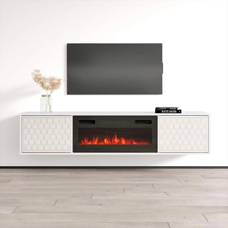 Meuble TV avec cheminée électrique | Convient aux téléviseurs jusqu'à 80" | Panneaux haute brillance | Télécommande | Noir ou blanc