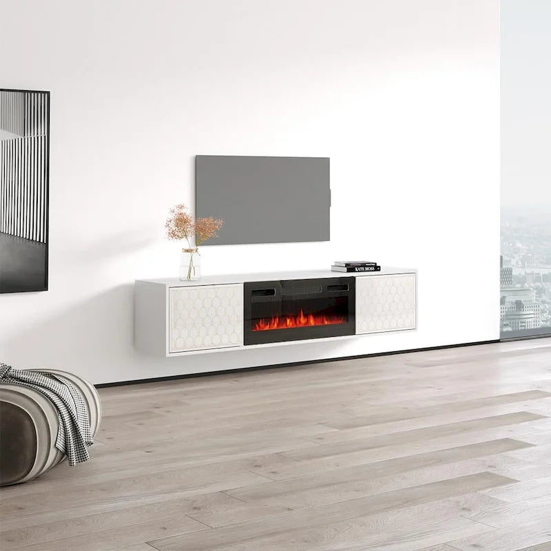 Meuble TV avec cheminée électrique | Convient aux téléviseurs jusqu'à 80" | Panneaux haute brillance | Télécommande | Noir ou blanc