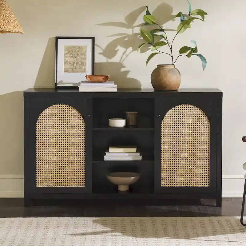 Bahut 2 portes de 147 cm | Panneaux en rotin cintrées | Meuble de rangement de style bohème