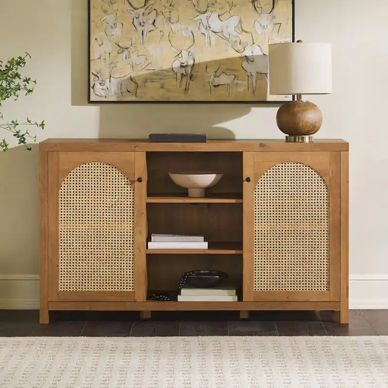Bahut 2 portes de 147 cm | Panneaux en rotin cintrées | Meuble de rangement de style bohème