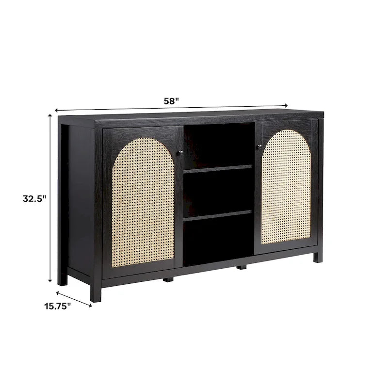 Bahut 2 portes de 147 cm | Panneaux en rotin cintrées | Meuble de rangement de style bohème