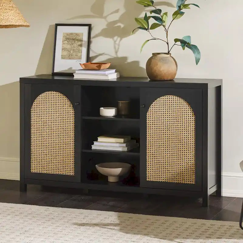 Bahut 2 portes de 147 cm | Panneaux en rotin cintrées | Meuble de rangement de style bohème