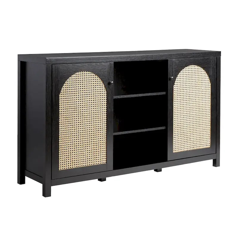 Bahut 2 portes de 147 cm | Panneaux en rotin cintrées | Meuble de rangement de style bohème