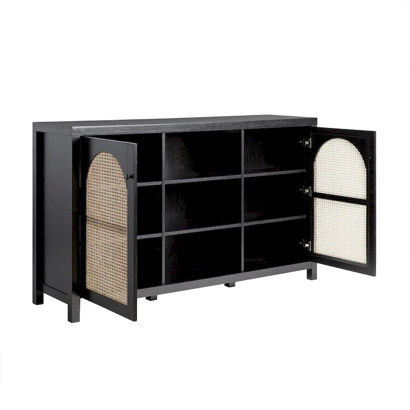 Bahut 2 portes de 147 cm | Panneaux en rotin cintrées | Meuble de rangement de style bohème