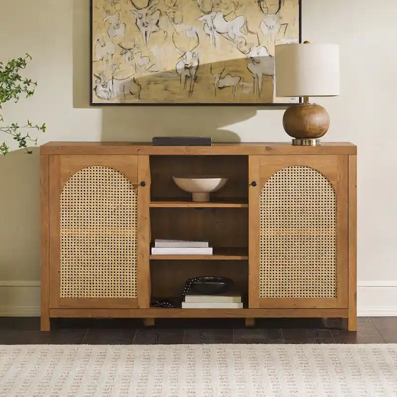Bahut 2 portes de 147 cm | Panneaux en rotin cintrées | Meuble de rangement de style bohème