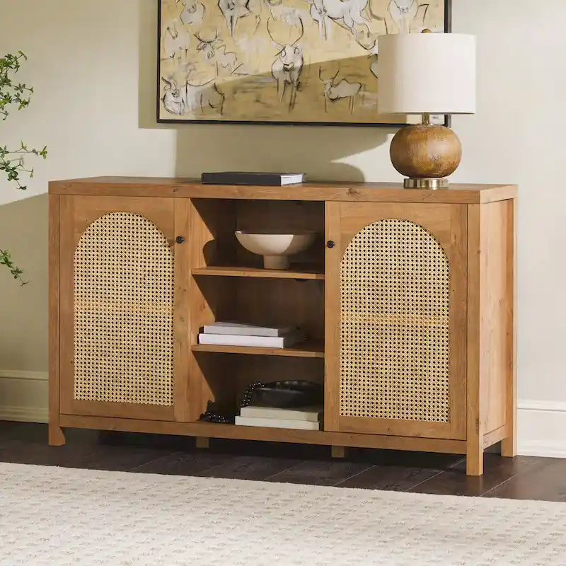 Bahut 2 portes de 147 cm | Panneaux en rotin cintrées | Meuble de rangement de style bohème