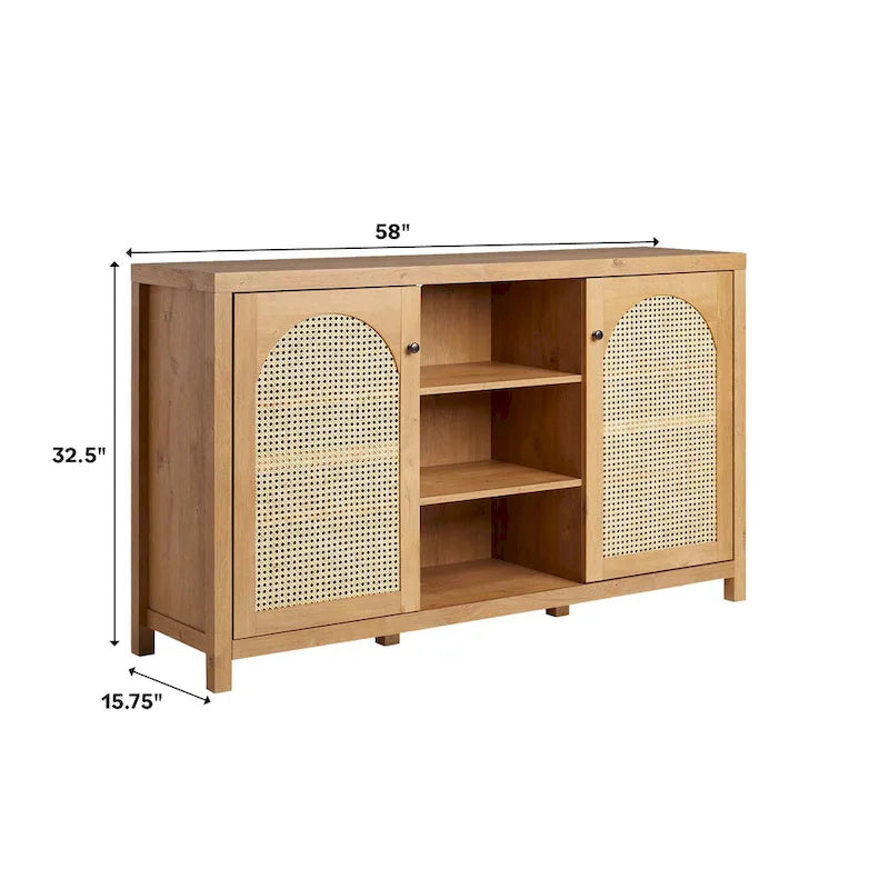 Bahut 2 portes de 147 cm | Panneaux en rotin cintrées | Meuble de rangement de style bohème
