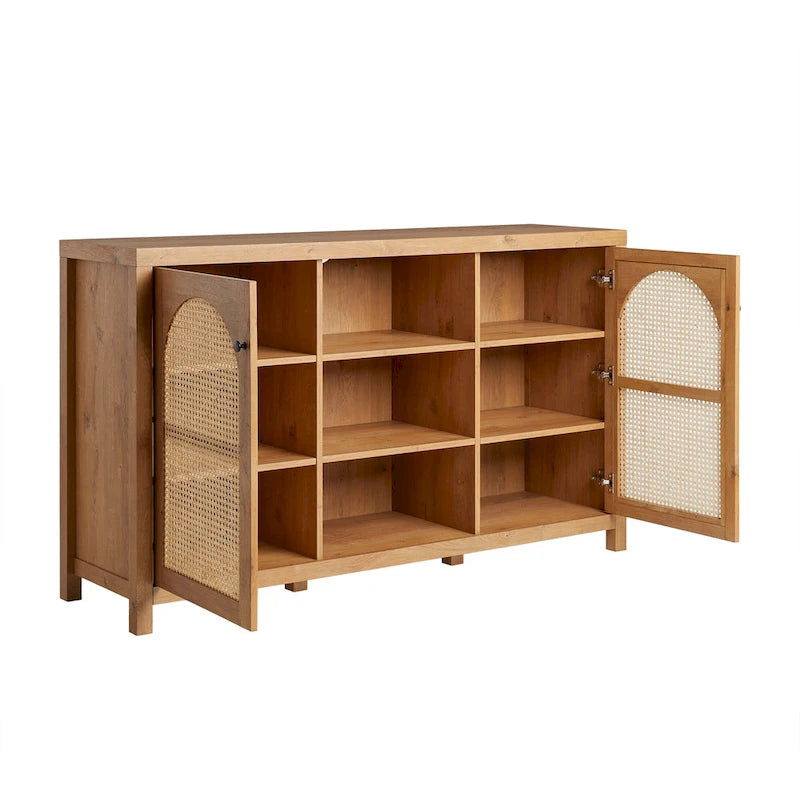 Bahut 2 portes de 147 cm | Panneaux en rotin cintrées | Meuble de rangement de style bohème
