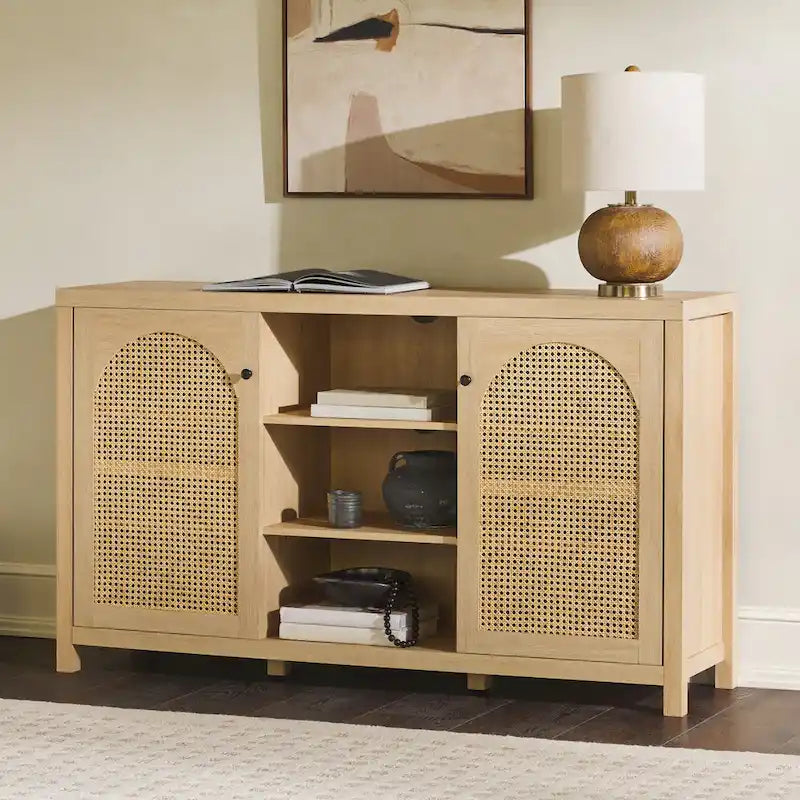 Bahut 2 portes de 147 cm | Panneaux en rotin cintrées | Meuble de rangement de style bohème