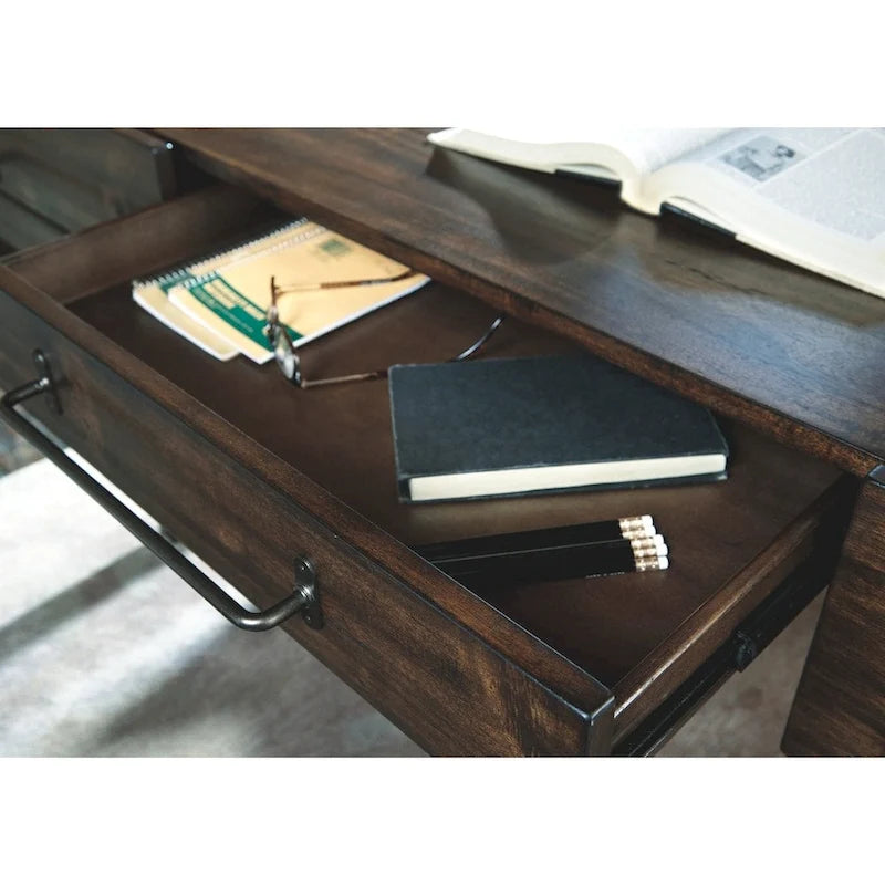 Bureau de télétravail industriel moderne | Placage acacia | Cadre en métal noir | Marron