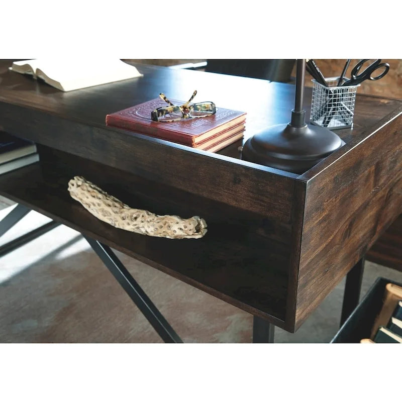 Bureau de télétravail industriel moderne | Placage acacia | Cadre en métal noir | Marron