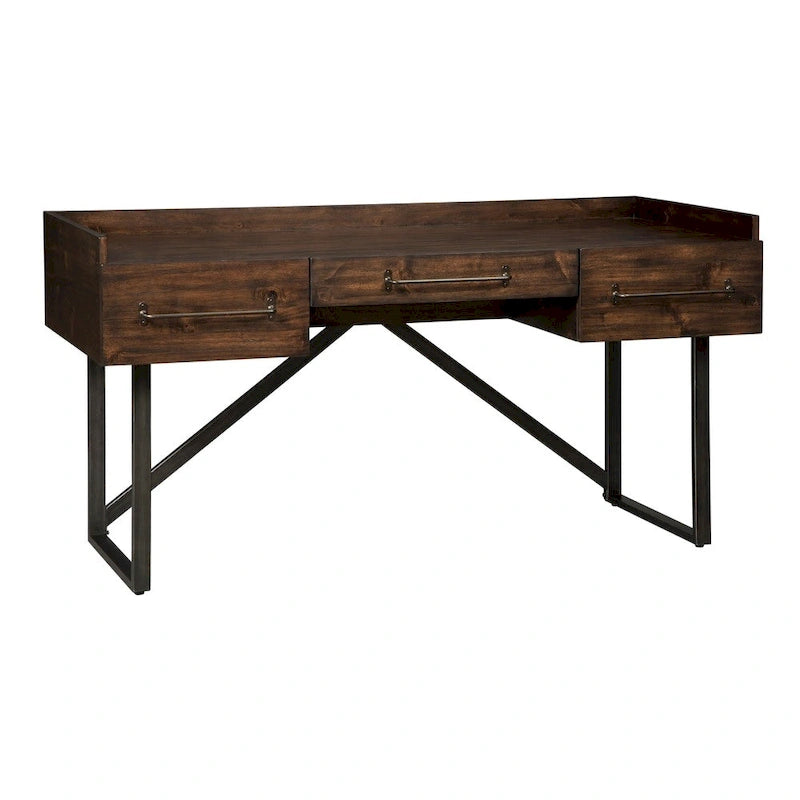 Bureau de télétravail industriel moderne | Placage acacia | Cadre en métal noir | Marron