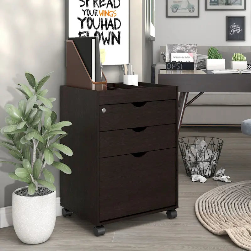 Caisson de classement mobile à 3 tiroirs verrouillables avec rangement ouvert — Style contemporain