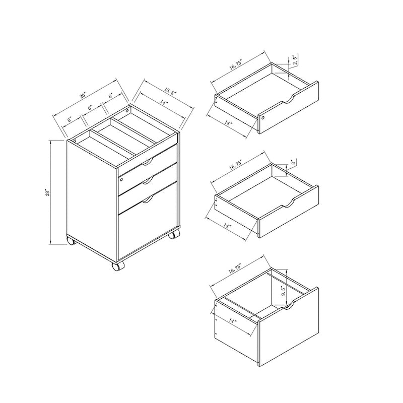 Caisson de classement mobile à 3 tiroirs verrouillables avec rangement ouvert — Style contemporain