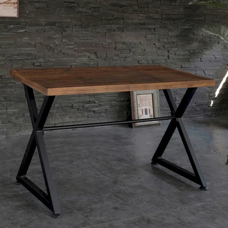 Bureau d'ordinateur industriel | Pieds en métal noir en X | Plateau en bois massif naturel | Table de bureau à domicile