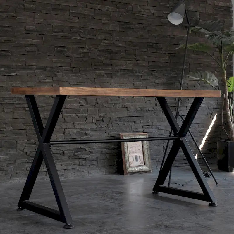 Bureau d'ordinateur industriel | Pieds en métal noir en X | Plateau en bois massif naturel | Table de bureau à domicile