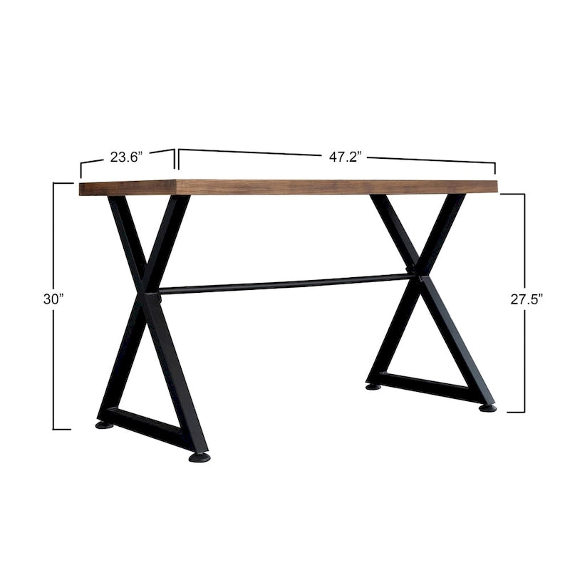 Bureau d'ordinateur industriel | Pieds en métal noir en X | Plateau en bois massif naturel | Table de bureau à domicile
